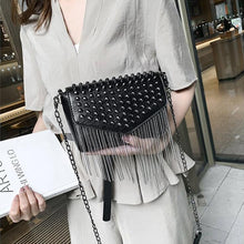 Load image into Gallery viewer, Fashion Tassel Diamonds Brand Design Mini Chain Shoulder Bag Crossbody Black Leather Rivets Female Bolsa Sac A Main