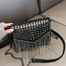Load image into Gallery viewer, Fashion Tassel Diamonds Brand Design Mini Chain Shoulder Bag Crossbody Black Leather Rivets Female Bolsa Sac A Main