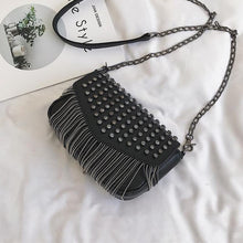 Load image into Gallery viewer, Fashion Tassel Diamonds Brand Design Mini Chain Shoulder Bag Crossbody Black Leather Rivets Female Bolsa Sac A Main
