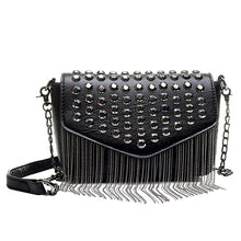 Load image into Gallery viewer, Fashion Tassel Diamonds Brand Design Mini Chain Shoulder Bag Crossbody Black Leather Rivets Female Bolsa Sac A Main
